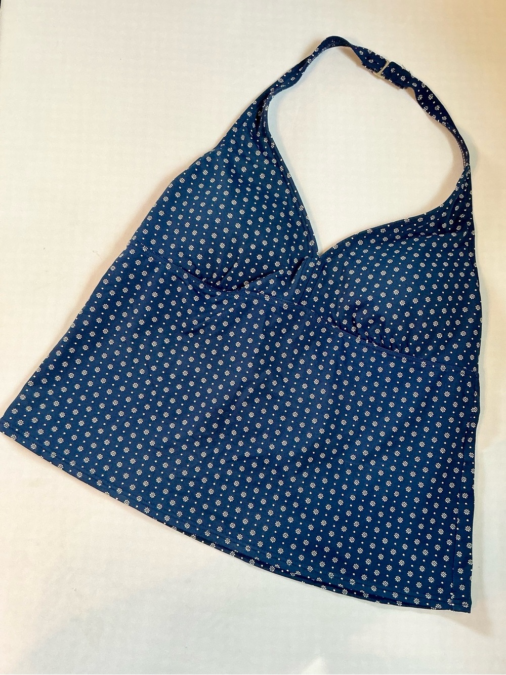 Lands End Navy Micro Flower & Dot Print Halter Tankini Swim Top Women’s Size 14